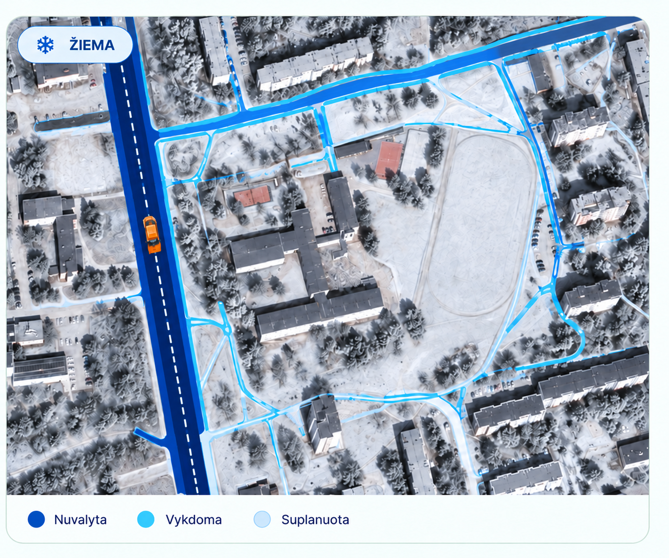 Demonstracinis žiemos kelių priežiūros žemėlapis su pažymėtais valymo maršrutais